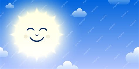 Personagem De Desenho Animado Do Sol Sorridente No Fundo Do Céu Azul