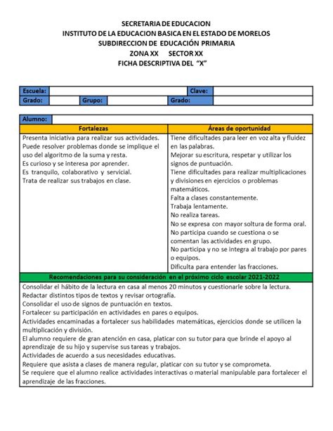 Ejemplo De Fichas Descriptivas Por Alumno De Primaria