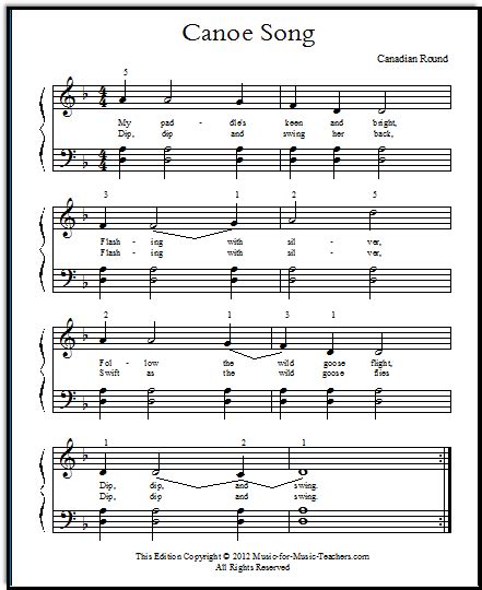 Simple Piano Sheet Music Canoe Song A Canadian Round Free