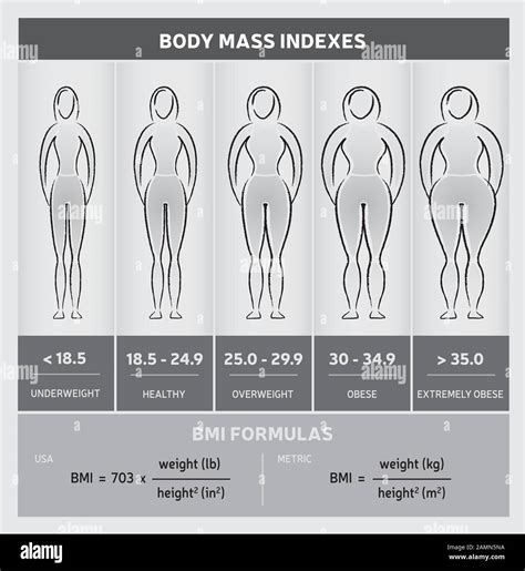Body Mass Index Illustration With Woman Body Silhouettes Showing Five Classes And Formulas