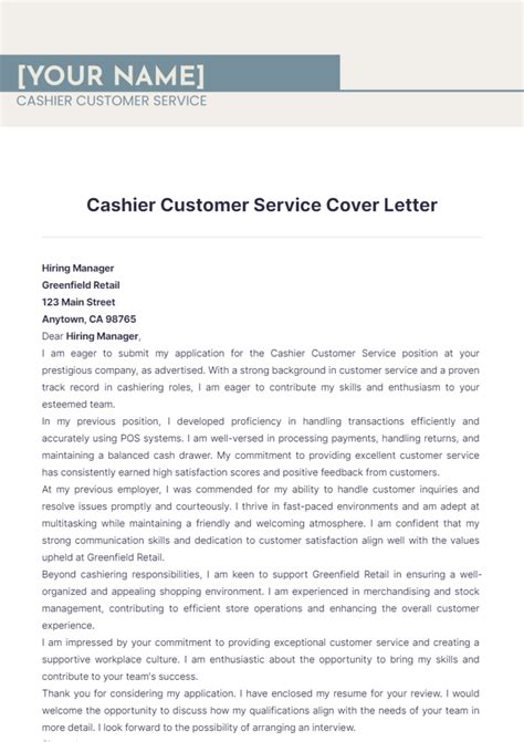 Free Cashier Customer Service Cover Letter Template - Edit Online