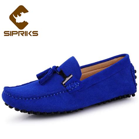 Sipriks Blue Designer Loafers Mens Cow Suede Loafers With Tassels Black