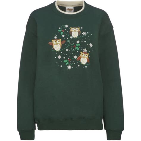 Pleasant Shade Womens Jolly Owls Embroidered Forest Green Mock Neck