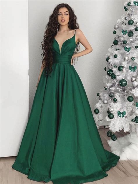 Custom Made A Line V Neck Emerald Green Long Prom Dresses Green V Neck