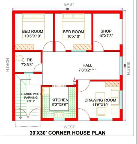 30x30 Corner House Plan 900 Sq Ft Home Design