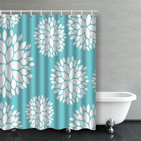 Artjia Trendy White Dahlia Floral Pattern On Teal Bathroom Shower
