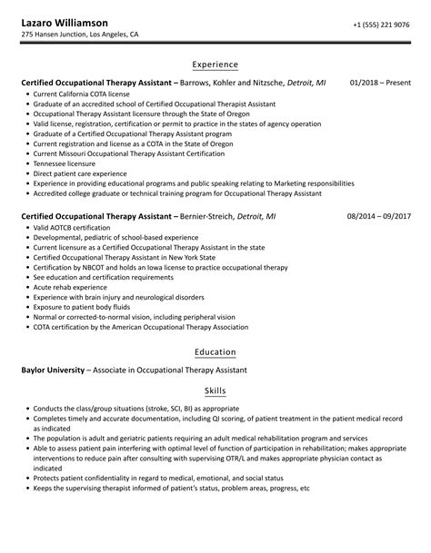 Certified Occupational Therapy Assistant Resume Samples | Velvet Jobs