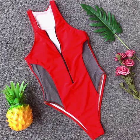 2018 sexy red one piece swimsuit bodysuit women mesh swimwear female bather zipper solid black