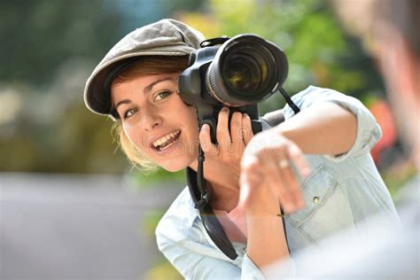 Young Woman Photographer Taking Shots Stock Photo Image Of Hobby