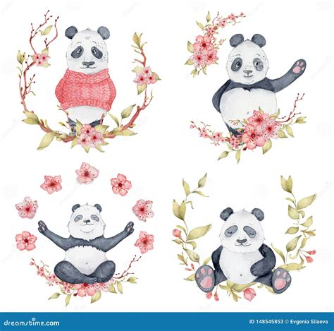 Panda Bears In Sakura Wreaths Cute Animals Set Illustration Stock