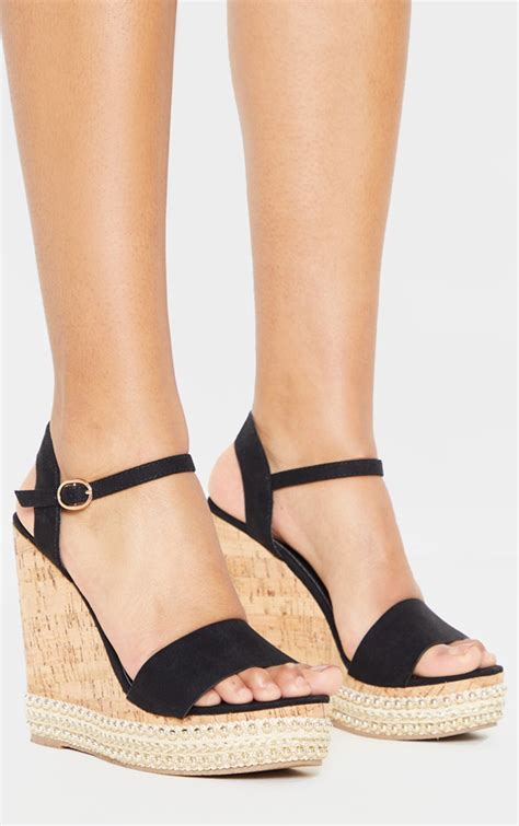 Black Studded Cork Wedge Sandal Shoes Prettylittlething Usa