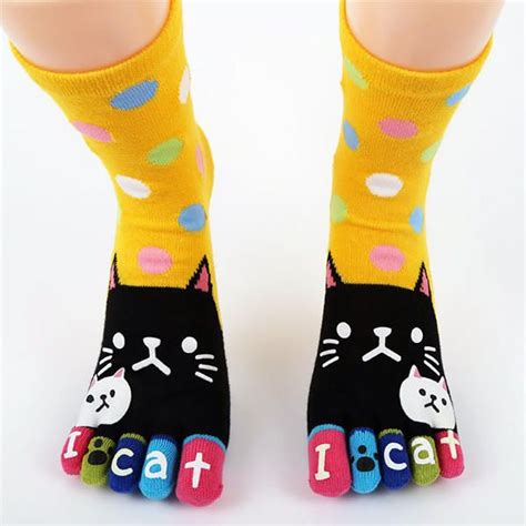 women cute cartoon cat five toes socks thick warm middle tube sock toe socks tube socks