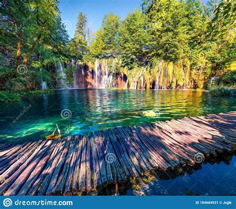 Nice Morning View Of Plitvice National Park Colorful Spring Scene Of