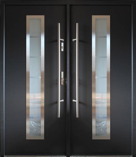 Stainless Steel Entry Double Door Gray Metallic Finish Contemporary