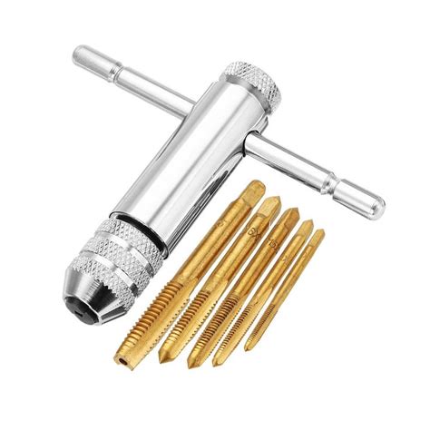 Drillpro T Handle Ratchet Tap Wrench With 5pcs Titanium Coated M3 M8
