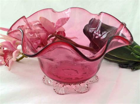 Hand Blown Cranberry Bowl Pontil Mark Footed Fluted Etsy Hand Blown Glass Art Blown Glass