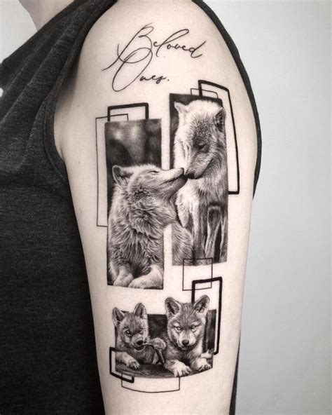 A Woman With A Tattoo On Her Arm Has Pictures Of Two Wolfs And Their Cubs
