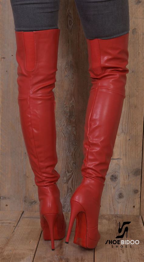 sale red leather boots knee high in stock