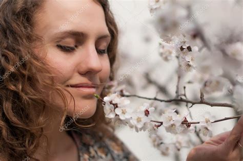 Sensual Portrait Of A Spring Woman Beautiful Face Female Enjoying Cherry Blossom Dreamy Girl