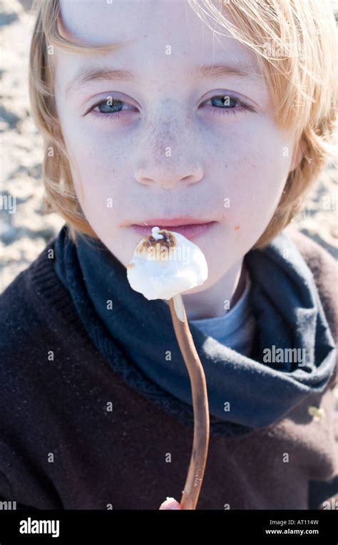 Nine Year Old Boy On Beach Toasting Marshmallows Stock Photo Alamy