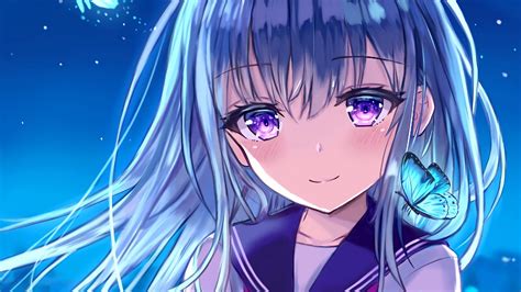 Download Wallpaper 2560x1440 Girl Glance Smile Anime Art Blue