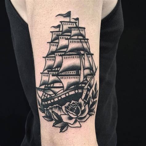 Traditional Full Rigged Ship Tattoo On The Right Upper Traditional