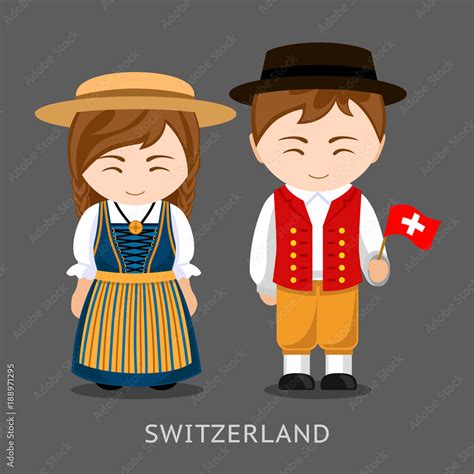 Swiss In National Dress With A Flag Man And Woman In Traditional