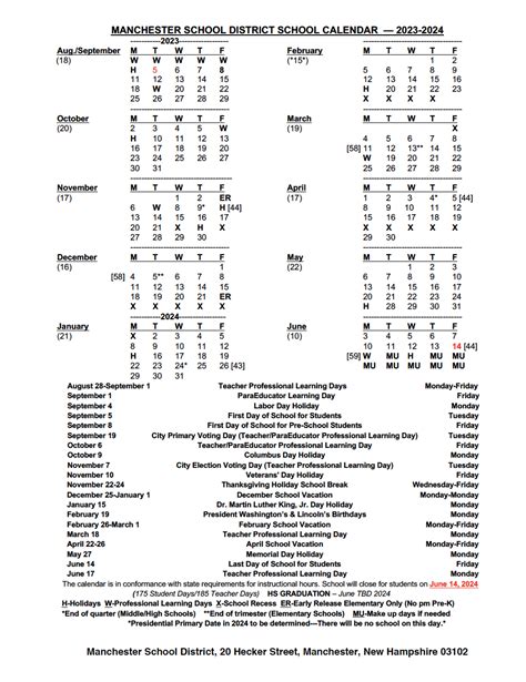 Calendars Printable Manchester School District