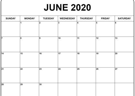 2020 calendar, 1 month per page preview. June 2020 Calendar | Calendar printables, Printable ...