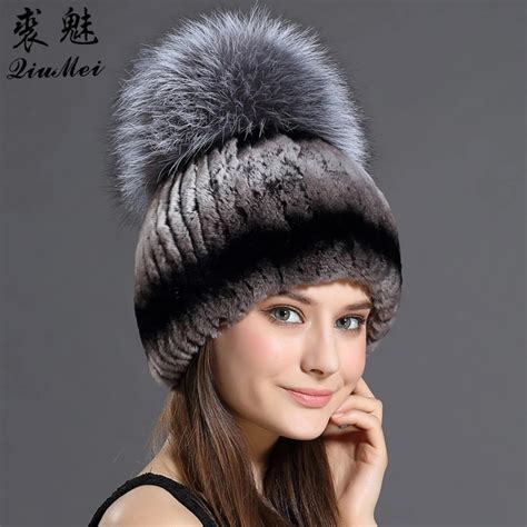 Fur Hat For Female With Luxury Fluffy Ball Russian Hats New Cold Winter Genuine Rabbit Fur New