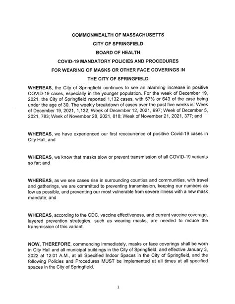 CITY OF SPRINGFIELD BOARD OF HEALTH REGULATION ON FACE COVERINGS