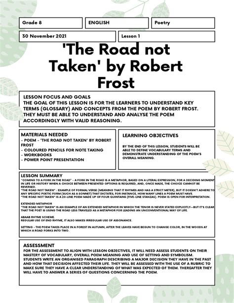Robert Frost The Road Not Taken Lesson Plan