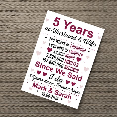 Lots of unique ideas for anniversary gifts for your husband, plus romantic ideas for you to share. 5th Wedding Anniversary Gift Wife Husband Personalised Present