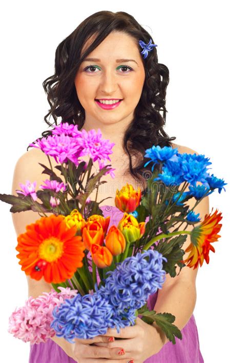 Beauty Woman Holding Spring Flowers Stock Image Image Of Blossom