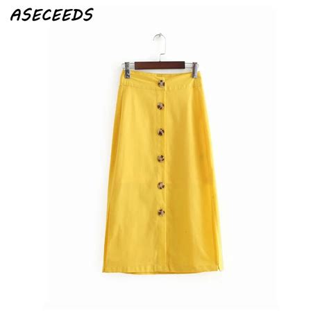Skirts Womens Elegant Yellow Mid Calf High Waist Skirt Button Split
