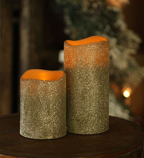 4 Inch Champagne Glitter Flameless Candles Set Of 3 Unscented Dual