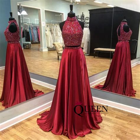 Gorgeous Dark Red A Line Satin Two Piece Pocket Long Prom Dress