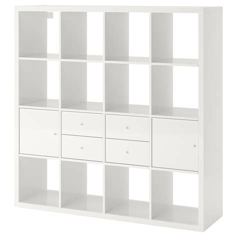 Kallax Hylly Ja 4 Sisustetta Korkeakiiltovalkoinen 147x147 Cm Ikea