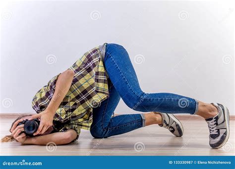 Different Photographer Poses Bending Squatting Lying Down Stock Image Image Of Technique