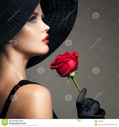 Beautiful Woman With Red Rose Retro Fashion Image Stock