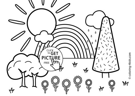 Nature coloring page for kids with rainbow, printable free | coloing