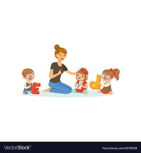 Group Preschool Kids And Teacher Sit On Carpet Vector Image
