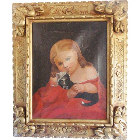 19th C Antique Victorian Folk Art Painting Of Beautiful Young Girl