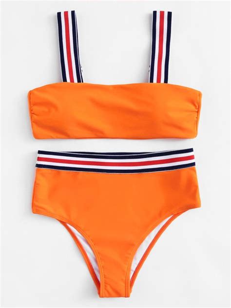 Striped Straps Bikini Set Shein Sheinside Cute Swimsuits Cute Bikinis Orange Bikini Set