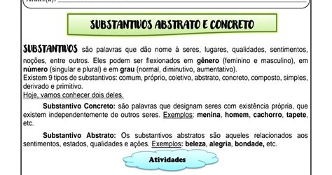👍língua Portuguesa Substantivo Abstrato E Concreto Atividade Para