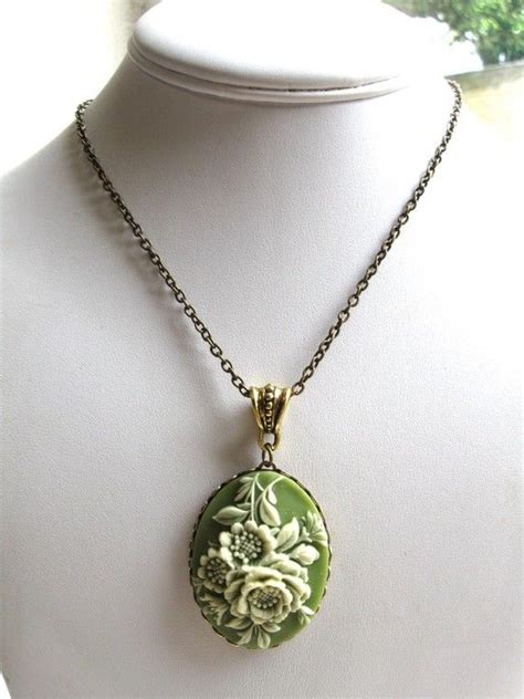 Vintage Green Cameo Necklace Long Etsy Cameo Necklace Cameo