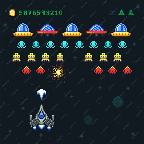 Premium Vector Vintage Video Space Arcade Game Pixel With Spaceship Shooting Bullets And Aliens