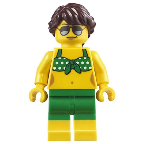 Lego Set Fig 009819 Woman Gren Bikini Top With White Spots Green Shorts Dark Brown Hair