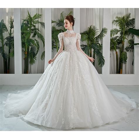 Sl 9194 Luxury Princess Wedding Dress 2023 High Long Puff Sleeve Robe