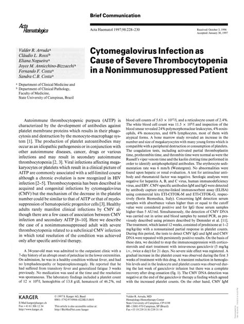 Pdf Cytomegalovirus Infection As Cause Of Severe Thrombocytopenia In